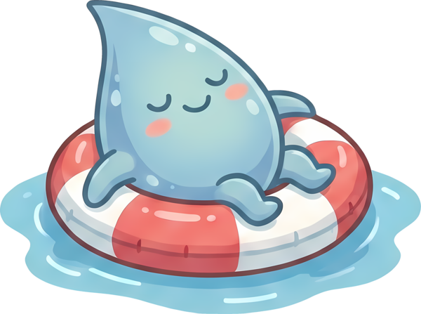 Champ, the water-drop mascot, riding the waves in a swim ring