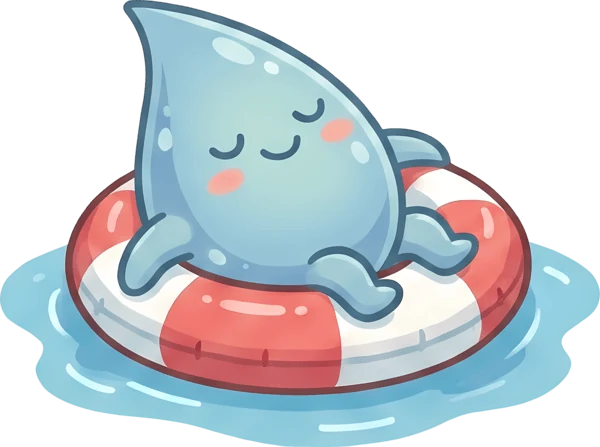 The WaterChamp mascot, a water drop, riding the waves in a swim ring