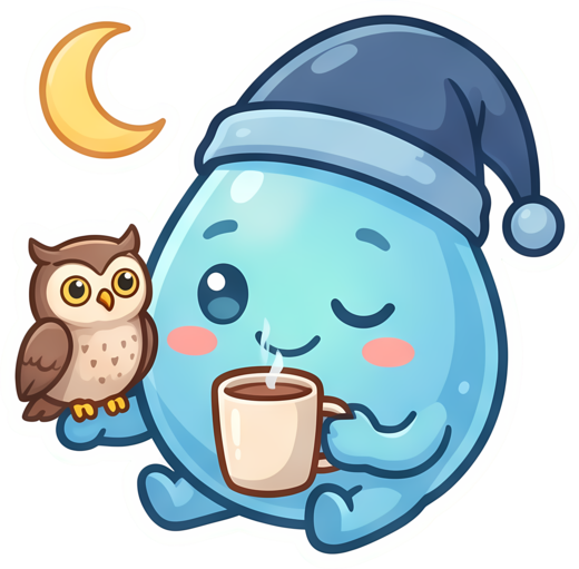 Night Owl sticker: the champ in a nightcap sipping coffee at night, with a little owl and a crescent moon