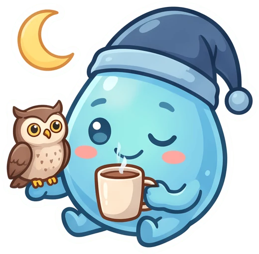 Night Owl sticker: the mascot in a nightcap sipping coffee at night, with a little owl and a crescent moon
