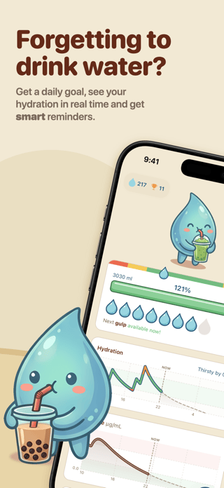 WaterChamp: the hydration screen with the live level and daily goal