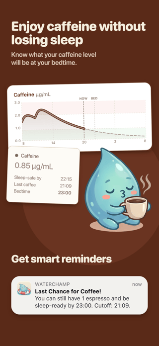 WaterChamp: the caffeine screen with the metabolism curve and the last chance for coffee