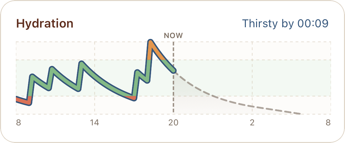 Hydration chart: a live curve of your hydration level through the day with a dashed forecast and a Thirsty-by time