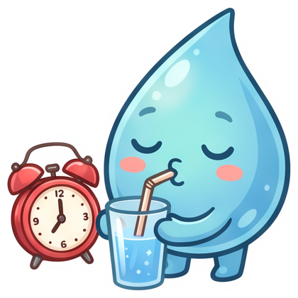 Steady Sipper sticker: the mascot sipping a drink next to an alarm clock
