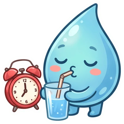 Steady Sipper sticker: the mascot sipping a drink next to an alarm clock
