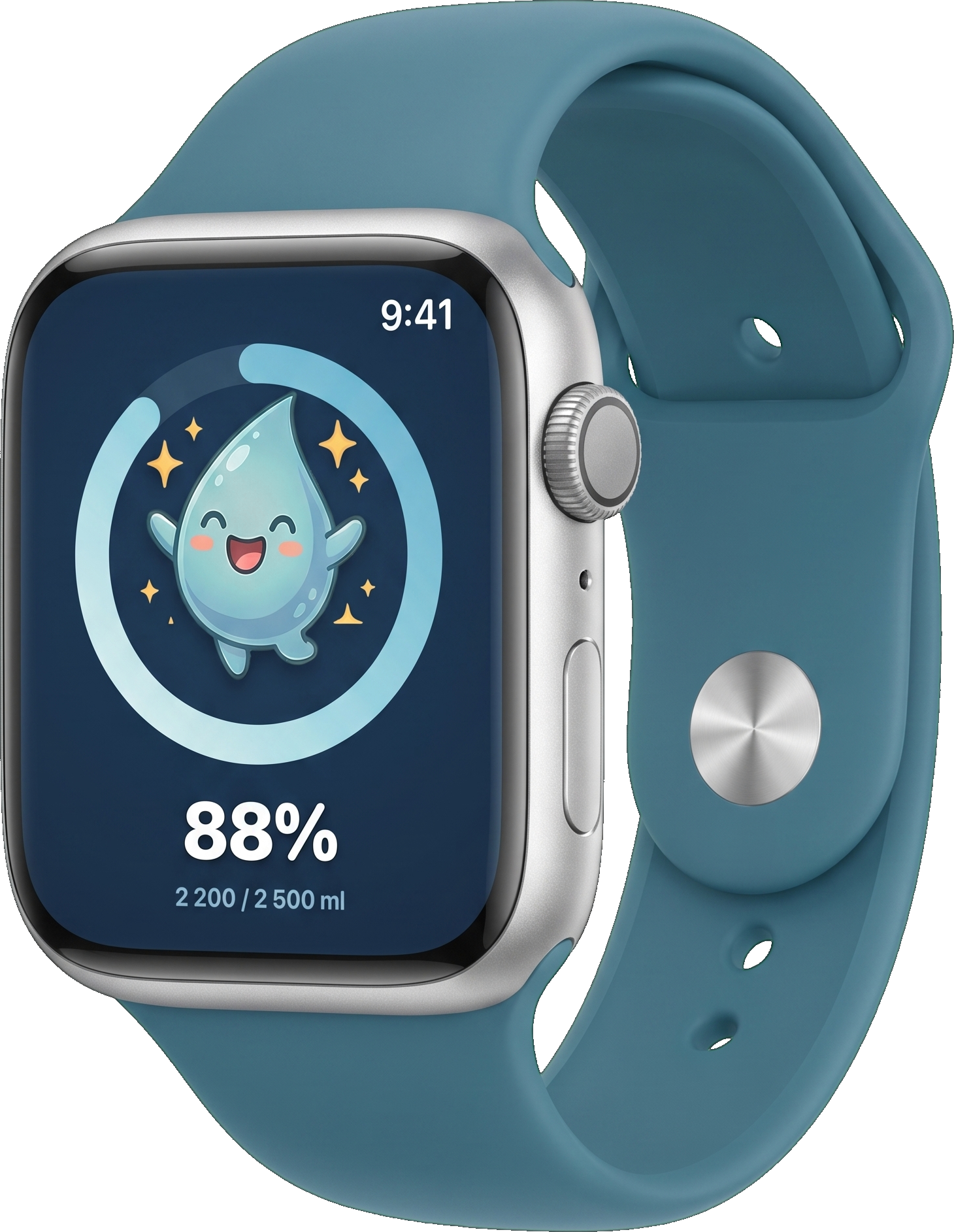 WaterChamp on Apple Watch: the champ mascot inside a blue progress ring at 88 percent, on a silver Apple Watch with a teal-blue sport band