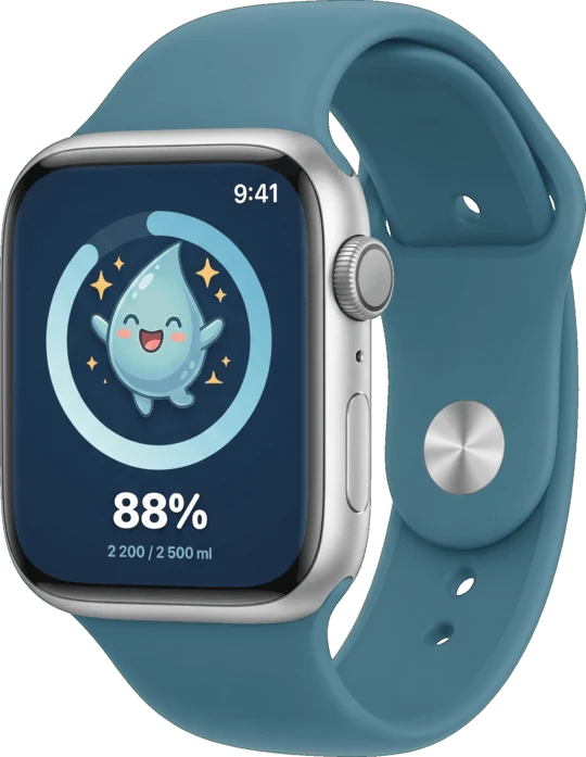 WaterChamp on Apple Watch: the mascot inside a blue progress ring at 88 percent, on a silver Apple Watch with a teal-blue sport band